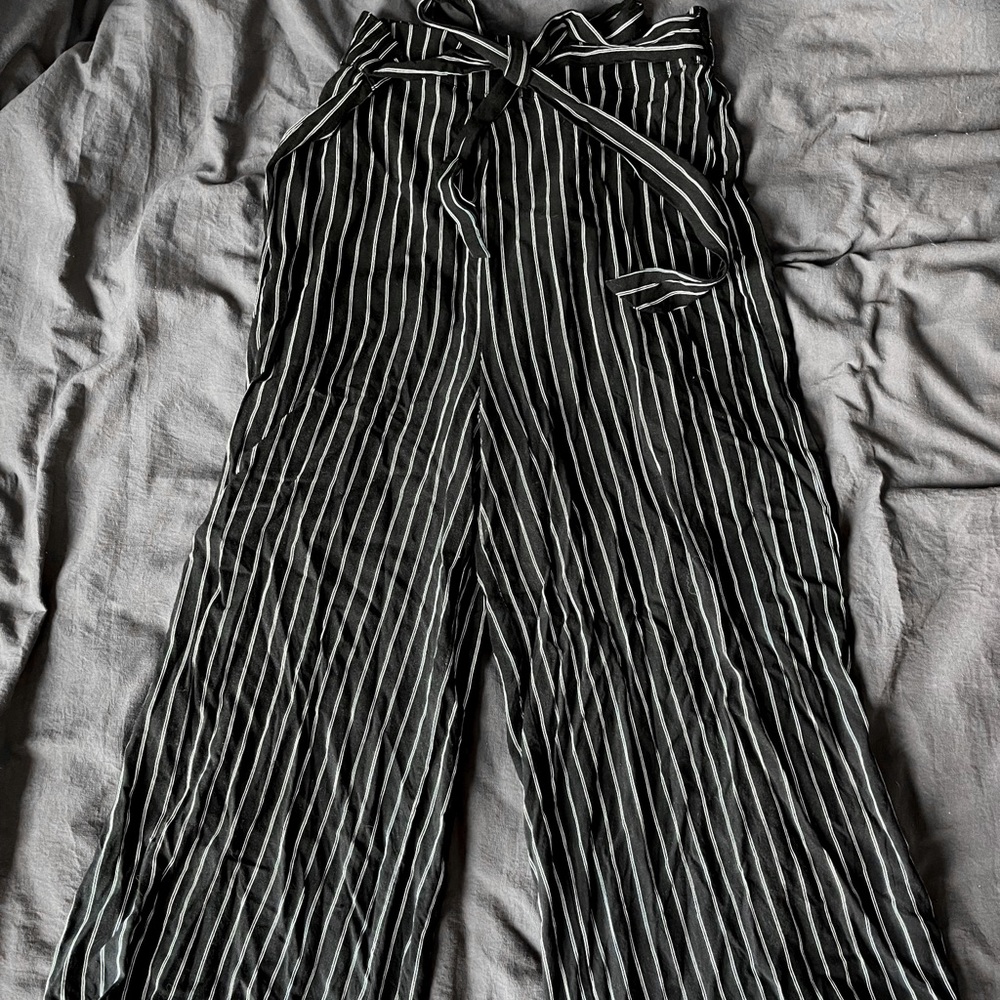 Black striped linen ankle pants